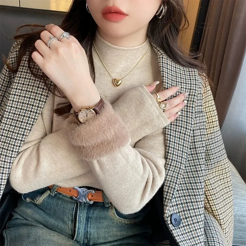 Fall Winter Women's Long Sleeve Integrated Fleece Knitwear Half High Collar Base Layer Sweater Fashionable Sweet Inner Wear Top