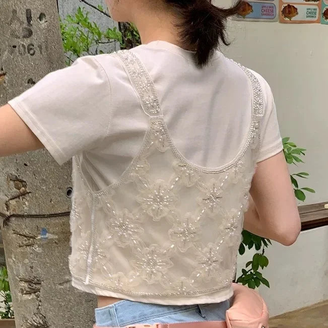 French Style Heavily Embellished Hollow Out Stackable Tank Top Women's Summer Design Sensibility Niche Stylish Fashionable Cropp