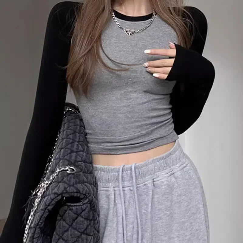 Women's Long Sleeve T-Shirt 2024 Autumn New Inner Tight Base Layer Top Cropped Slims Smooths Your Silhouette Patchwork Shoulder