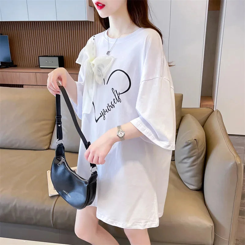 Pure Cotton Butterfly Knot Mesh Splice Short Sleeve T-Shirt Women Summer New Casual Print Loose Top Trendy Crew Neck Tee