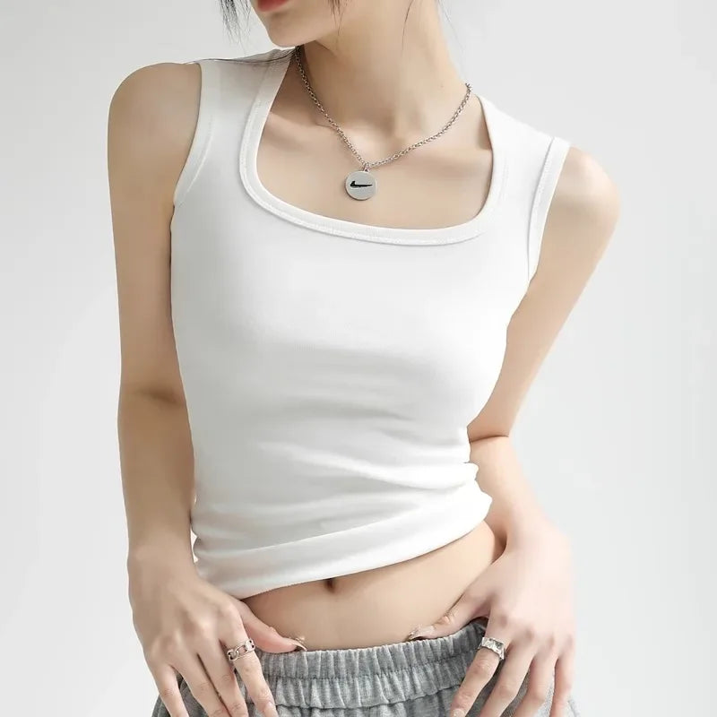 Women's Cotton Tank Top Summer New Style Inner Wear Outerwear Wide Strap Vest Cover Side Breast Fashionable Base Shirt