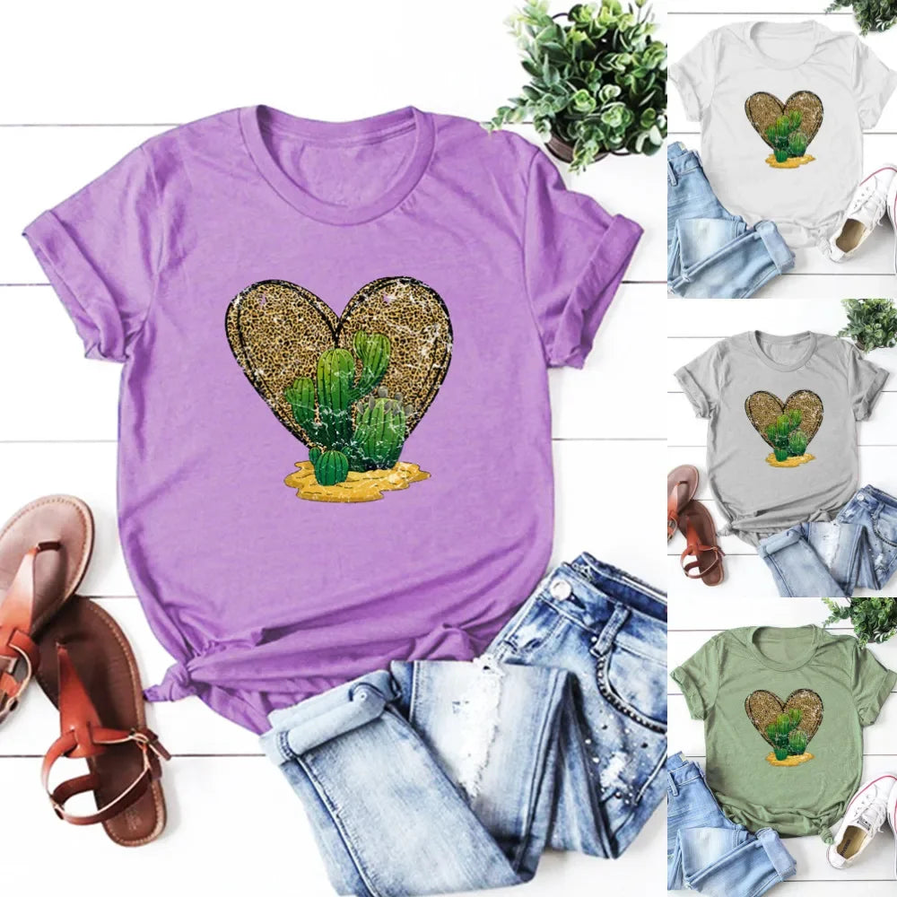 Short Sleeve T-Shirt Heart Cactus Pattern Print Street Style Casual Top for Young Women under 24 Years Old Polyamide Material