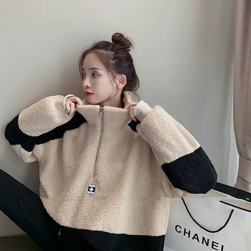 Women's Zipper Hooded Jacket Lamb Velvet Simulation Long Sleeve Street Style Autumn Winter Outerwear Trendy Loose Fit Coat