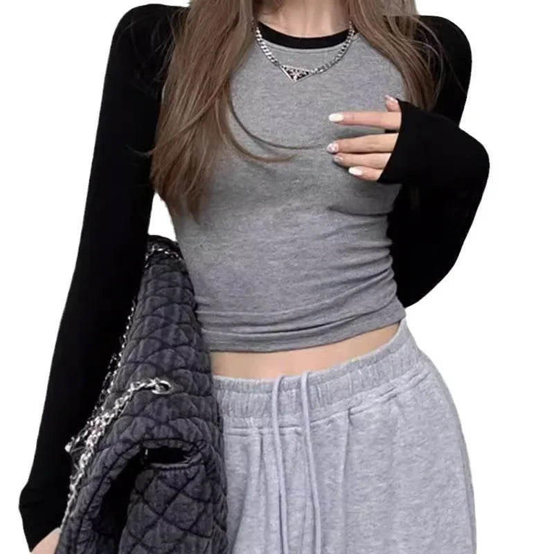 Women's Long Sleeve T-Shirt 2024 Autumn New Inner Tight Base Layer Top Cropped Slims Smooths Your Silhouette Patchwork Shoulder