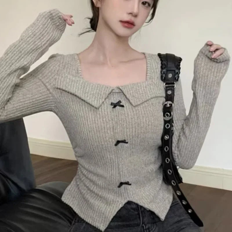 Stylish Korean Long Sleeve Knit Base Layer Top Women's Autumn/Winter New Slimming Cropped Top Bow Decoration Full Sleeve Length