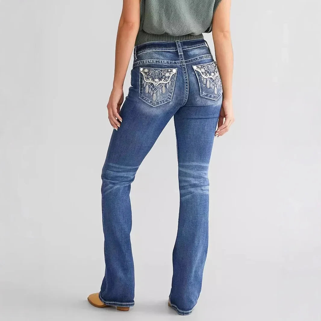 New Women's Embroidered Denim Capri Pants Fashionable Elegant Long Jeans from Mainland China Brand None( AE Stock)