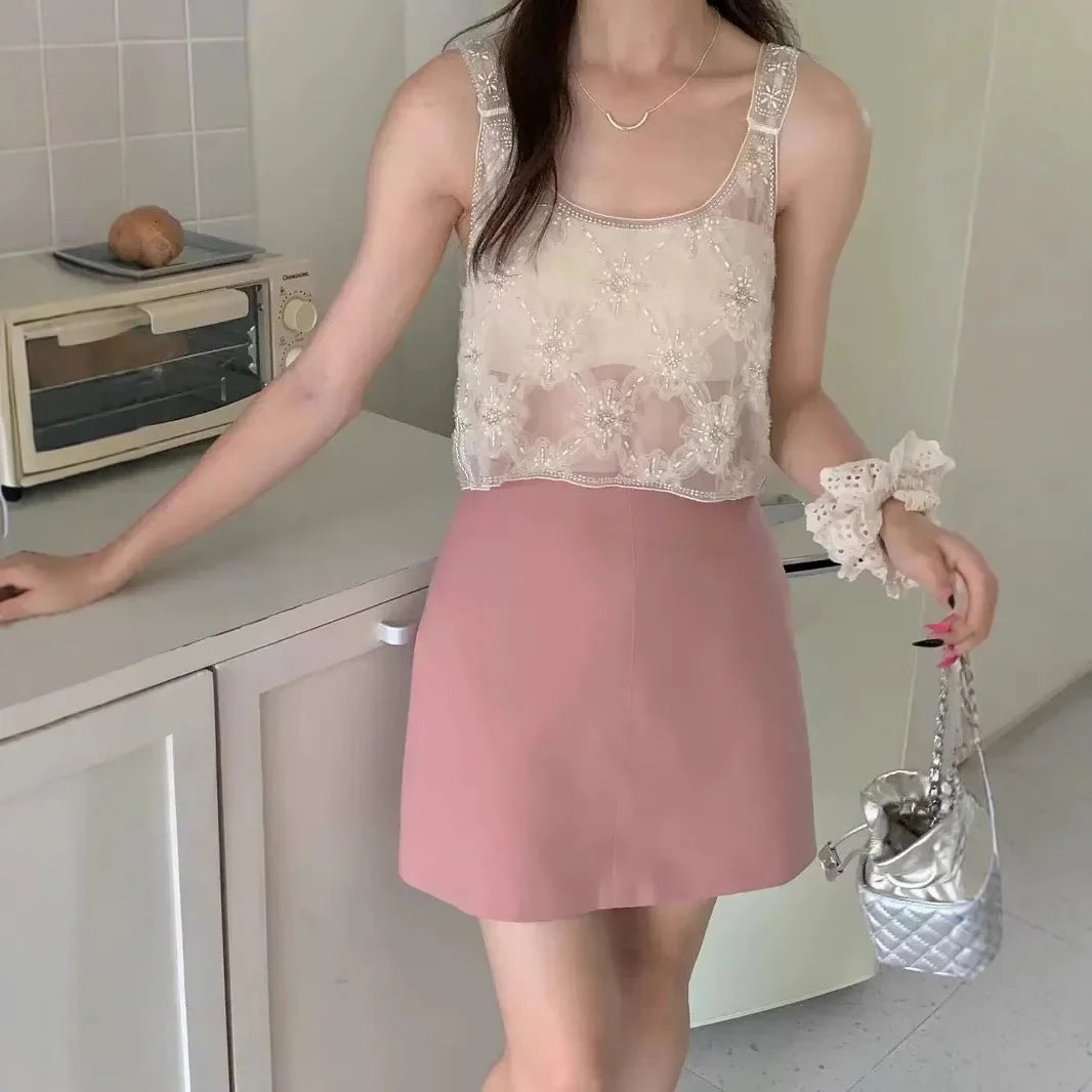 French Style Heavily Embellished Hollow Out Stackable Tank Top Women's Summer Design Sensibility Niche Stylish Fashionable Cropp