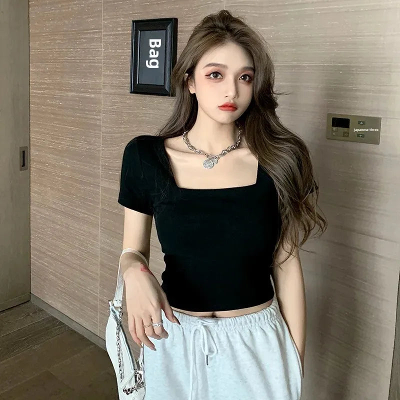 2024 Summer Design Sensibility Women's Cropped Square Collar T-Shirt Blackshort Sleevest French Tight Top Polyester Fiber