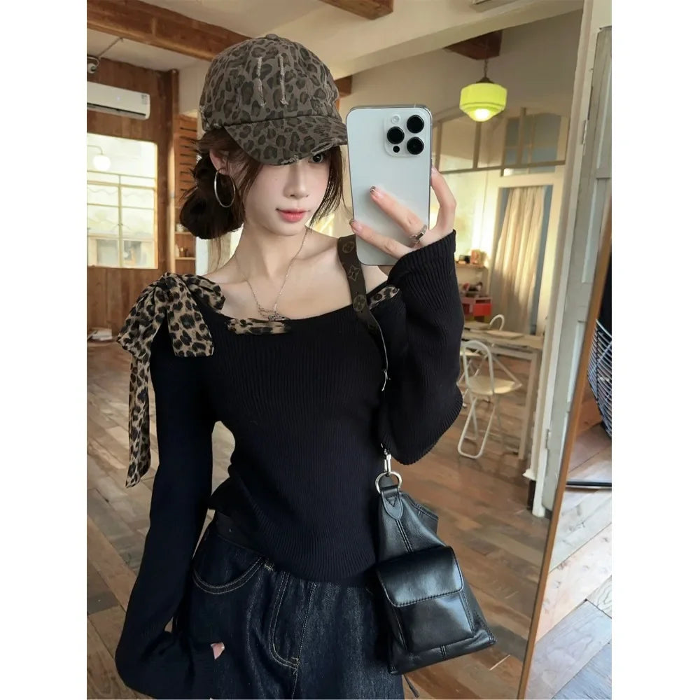 Plus Size Leopard Print Belted Shoulder Long Sleeve Knitted Top Women's Style Trendy Shoulder Bared Short Top for Autumn