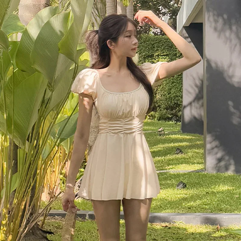 2025 New Women's Swimsuit Pure Desire Solid Color Short Sleeve Slimming Cover-Up One-Piece Skirt Style Hot Spring Vacation
