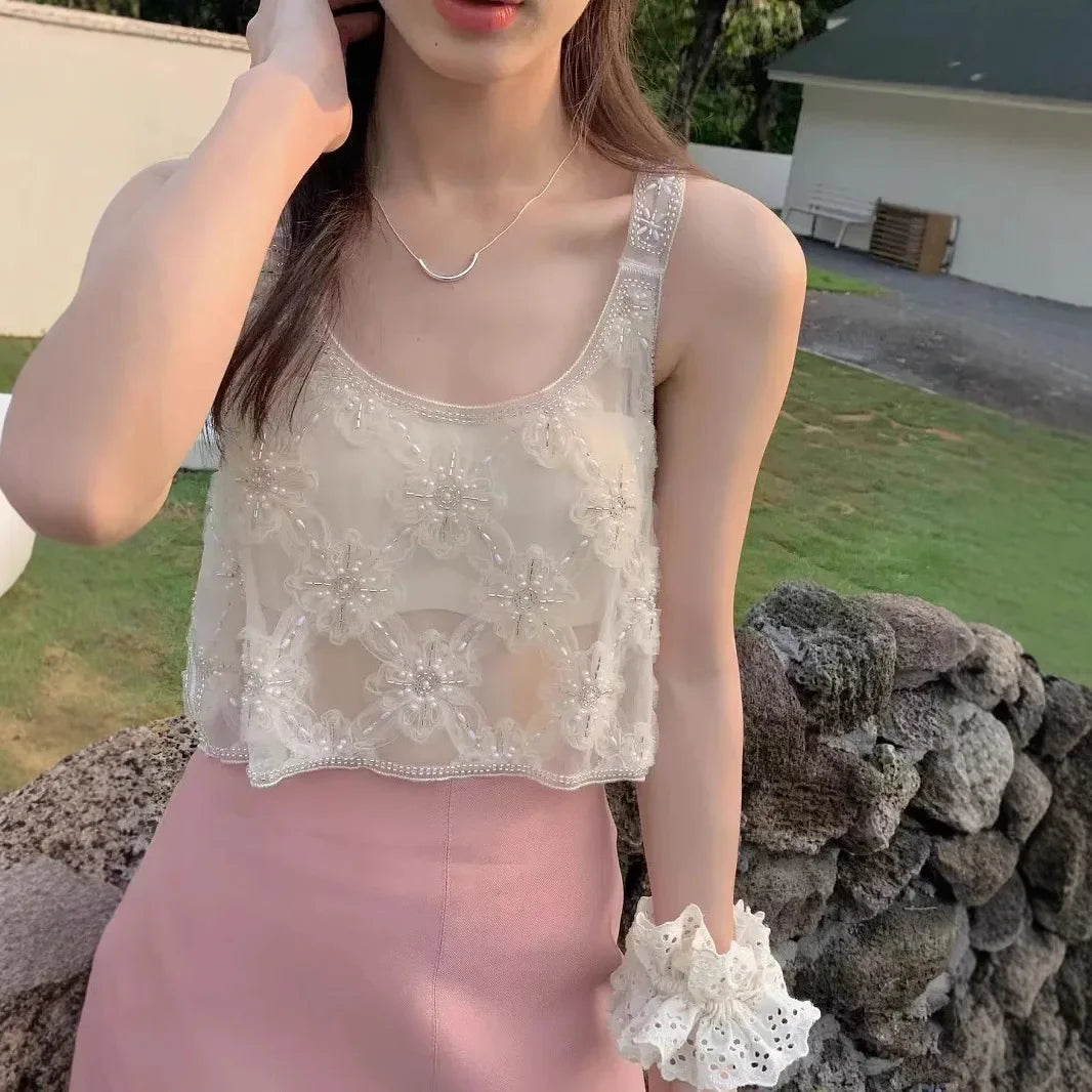 French Style Heavily Embellished Hollow Out Stackable Tank Top Women's Summer Design Sensibility Niche Stylish Fashionable Cropp