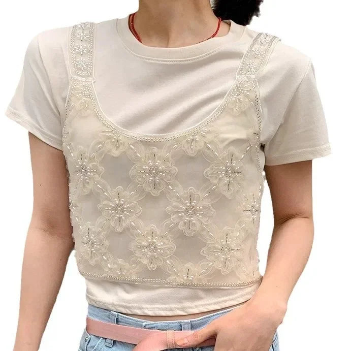 French Style Heavily Embellished Hollow Out Stackable Tank Top Women's Summer Design Sensibility Niche Stylish Fashionable Cropp