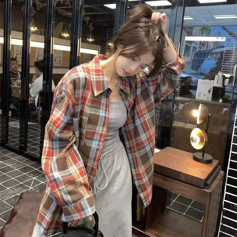 Loose Plaid Shirt Women's Spring Autumn Thin Outerwear Turn-down Collar American Retro Style Regular Sleeve Length Full Polyeste