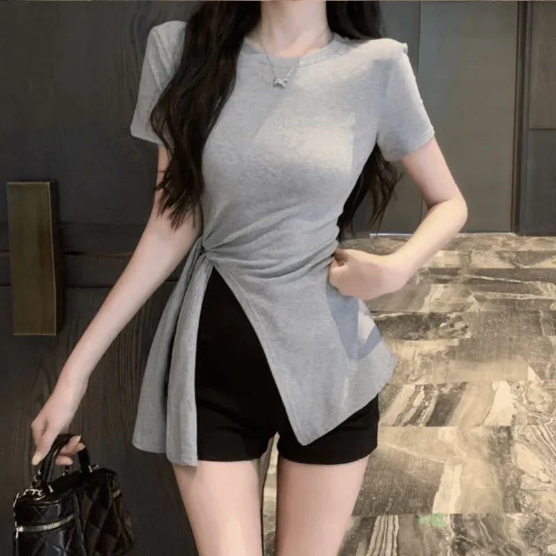 Korean Style Women's Short Sleeve T-Shirt with Waist Cinching Design Summer New Fashion Asymmetrical Slit Slimming Top